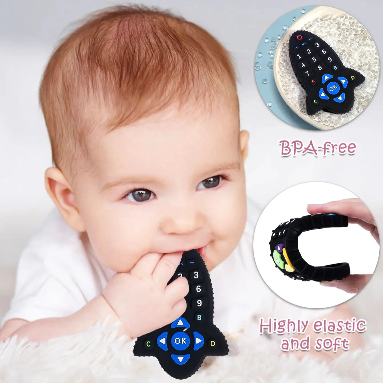 Baby Silicone Teether – BPA Free, Remote Control Shape, Pain Relief, Sensory & Educational Toy.